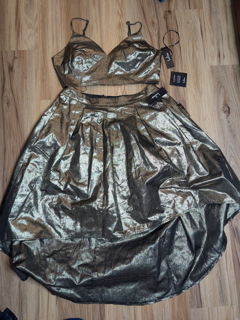 Lulus Metallic Gold Two Piece Set | High Low Skirt & Crop Top Formal Set NWT